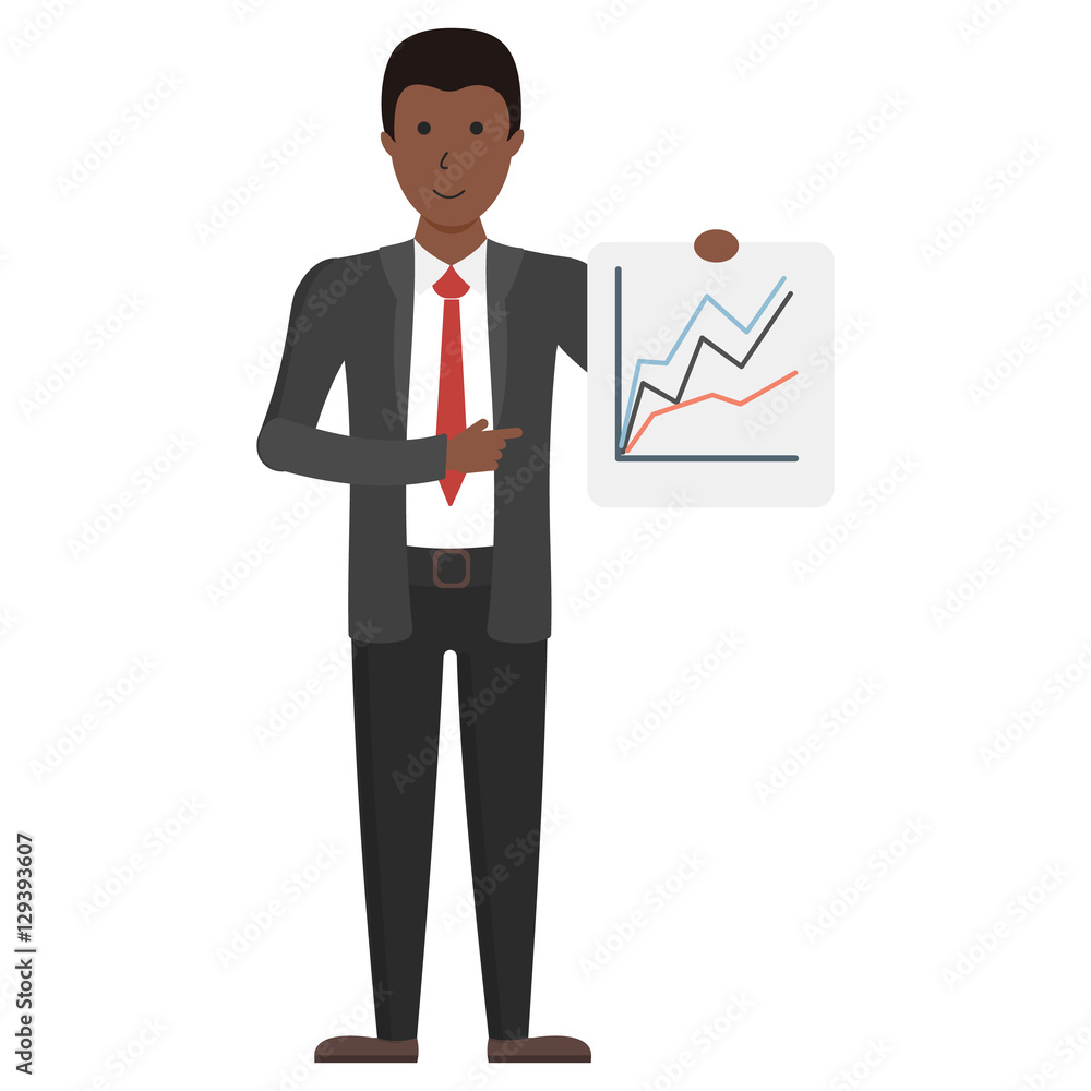 Businessman with board. Handsome businessman with chart board showing presentation with pointer.