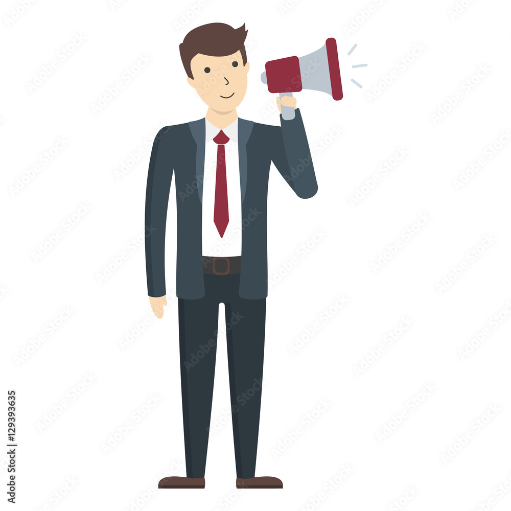 Businessman with loudspeaker standing on white background. Handsome speaker making announcement, promotion, advertising or more.