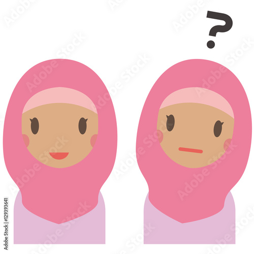 かわいい中東の女性　髪を隠す　ピンク　笑顔と疑問