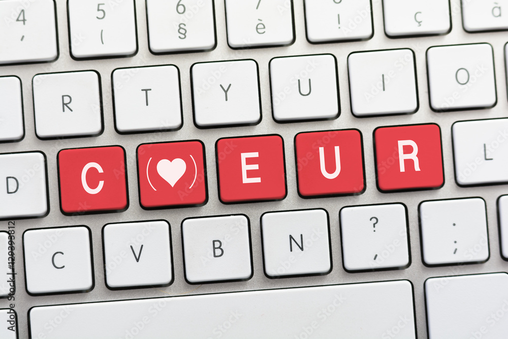 COEUR writing on white keyboard with a heart sketch with parenth COEUR writing on white keyboard with a heart sketch with parenth