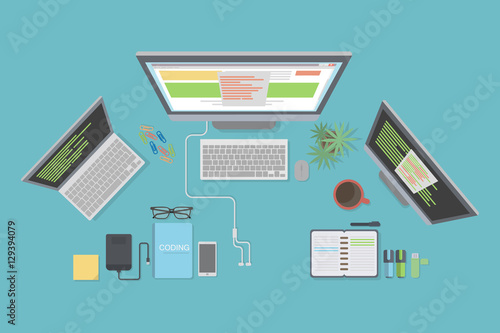 Programmer desk mockup. Desk with coding books, computers and usb.