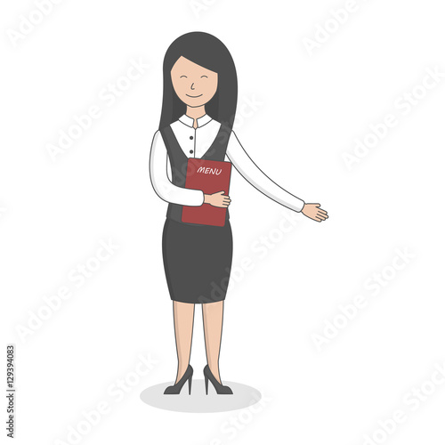 Young woman receptionist in uniform stands