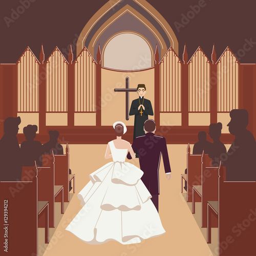 wedding ceremony inside church with monk