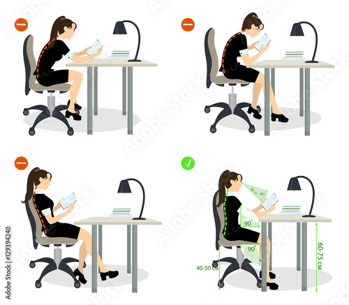 girl Sitting posture set. Right and wrong positions. Healthy lifestyle.