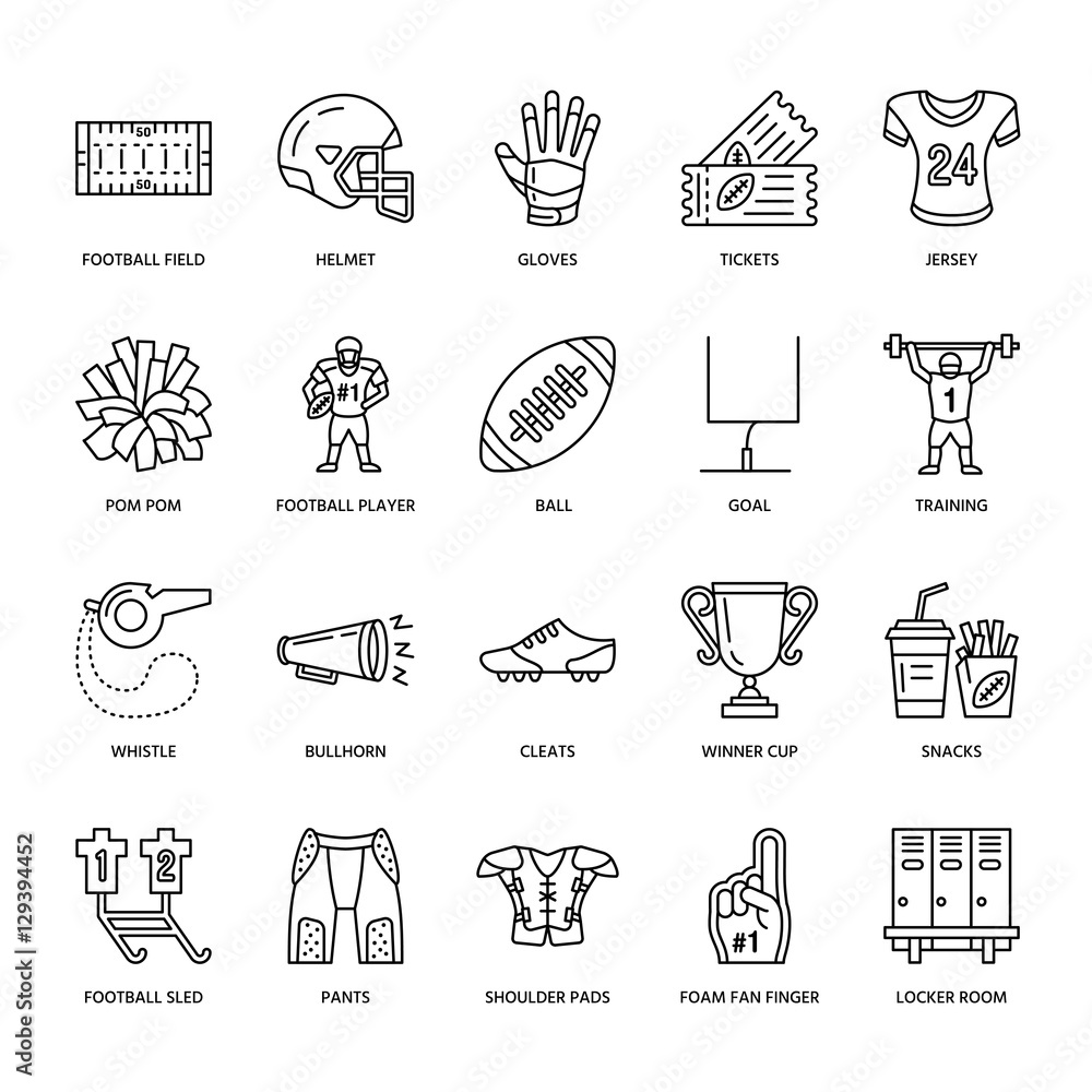 Vector line icons of american football game. Elements - ball, field, player, helmet, bullhorn. Linear signs set, football championship pictogram with editable stroke for sport event, fan store Vector line icons of american football game. Elements - ball, field, player, helmet, bullhorn. Linear signs set, football championship pictogram with editable stroke for sport event, fan store