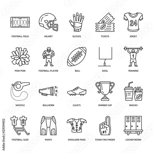 Vector line icons of american football game. Elements - ball, field, player, helmet, bullhorn. Linear signs set, football championship pictogram with editable stroke for sport event, fan store
