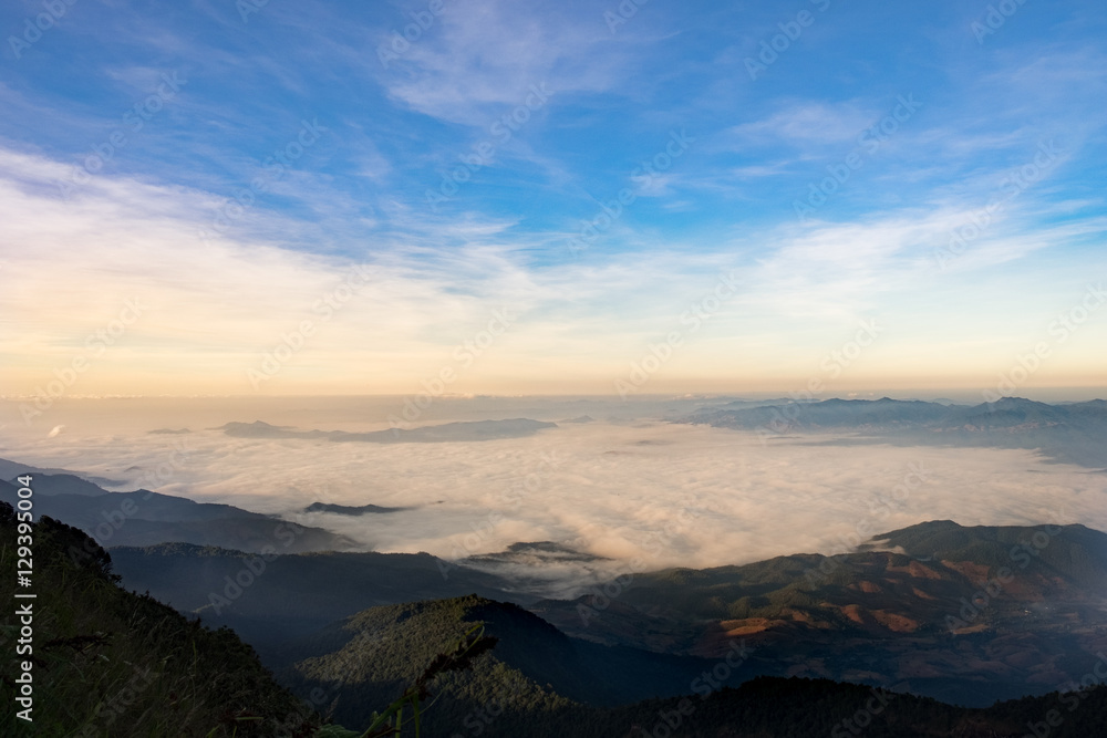 sea of mist or cloud under blue sky, a view from Intanon mountai