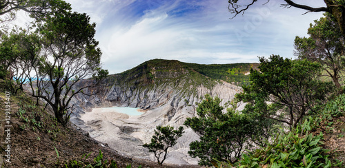 Bild auf Leinwand Panoramic view of Tangkuban Perahu crater, showing beautiful and huge mountain crater, at the morning,illuminated by sunlight