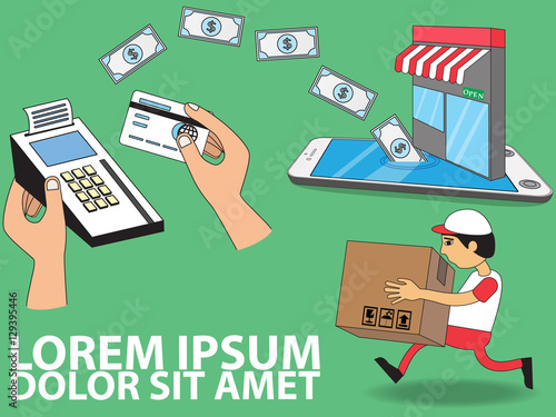 pushing credit card in terminal to mobile shopping and delivery concept. Flat style.