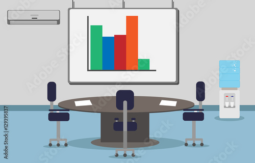 illustration of modern office and conference room with a large round table, chairs, cooler, air-conditioned, and a large schedule on the wall