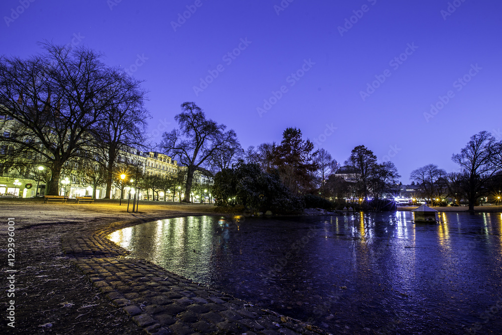 Kurpark am Theater in Wiesbaden an einem frühen Wintermorgen Kurpark am Theater in Wiesbaden an einem frühen Wintermorgen