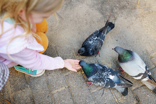 Photography Adorable little girl feeding some pigeons outdoors