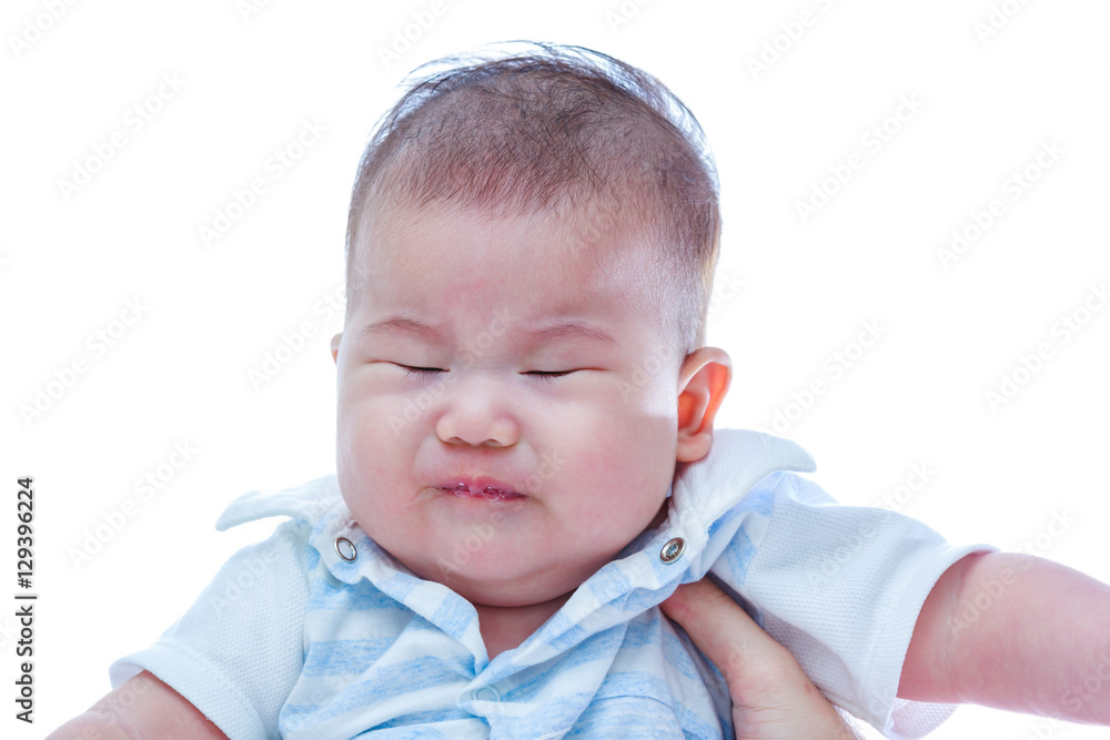Closeup asian baby crying. Sad baby girl on white background. Closeup asian baby crying. Sad baby girl on white background.