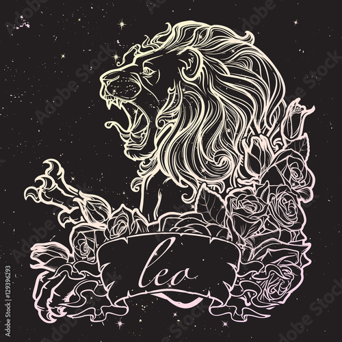 Zodiac sign of Leo with a decorative frame of roses Astrology concept art. Tattoo design. Sketch in pastel pallette isolated on starry nightsky background. EPS10 vector illustration.