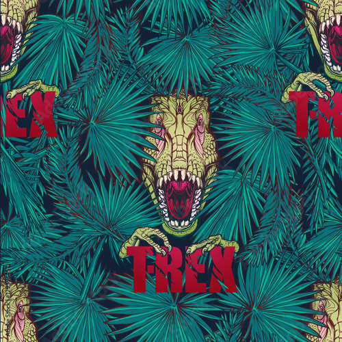 Paleonthology seamless pattern. Detailed sketch style drawing of the roaring tirannosaurus rex hiding among tropical palm tree leaves. Vivid colors. EPS10 vector illustration. photo