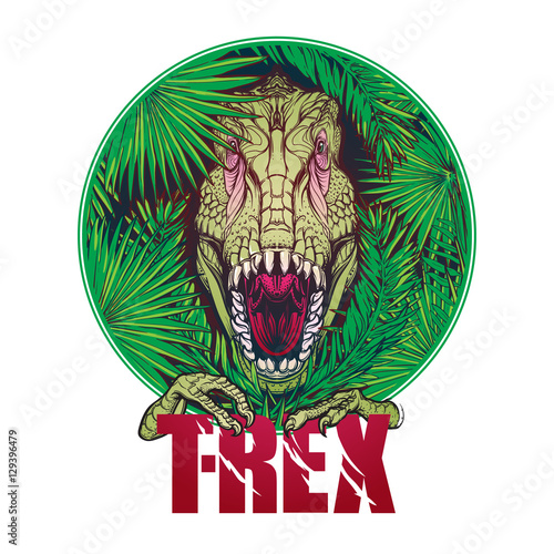 Detailed sketch style drawing of the roaring tirannosaurus rex head on a decoratve bunch of tropical leaves and flowers. Black and white sketch isolated on white background. EPS10 vector illustration. photo