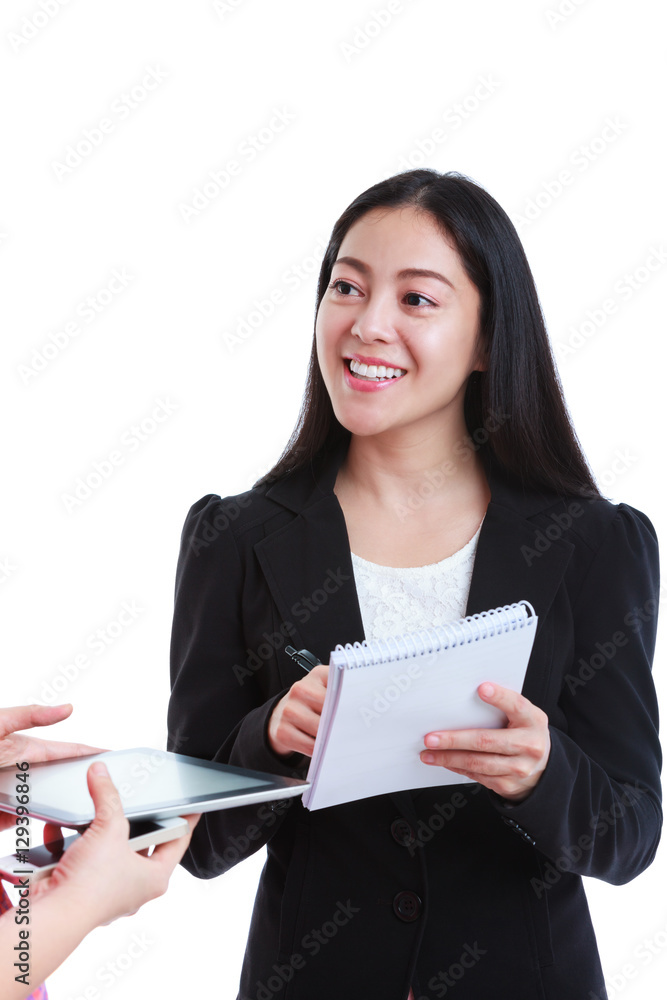 Businesswoman talking with some body and holding note paper, on white background. Businesswoman talking with some body and holding note paper, on white background.