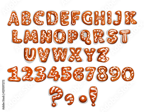 Christmas gingerbread alphabet letter and digits