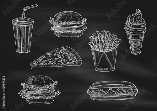 Fast food snacks and drinks chalk sketch icons