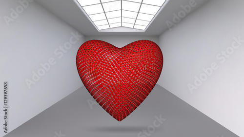 Abstract Creative concept vector background of geometric shapes - red Heart 3d in the large Studio room with window. Modern office. Realistic Vector Illustration eps 10 for your design.