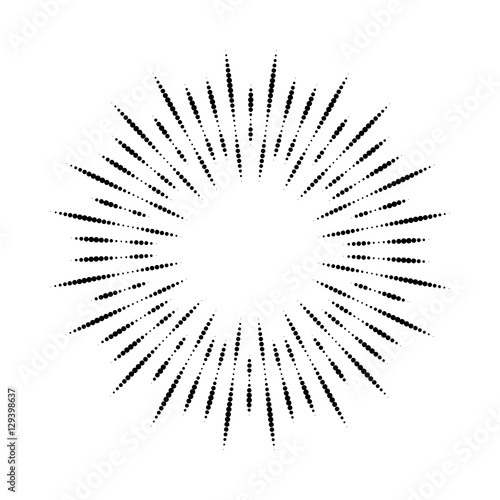 Halftone effect illustration. Black dots on white background. Black and white Sunburst background. Abstract dotted background.