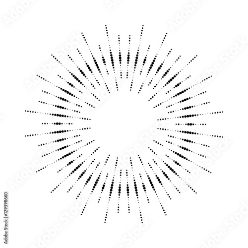 Halftone effect illustration. Black dots on white background. Black and white Sunburst background. Abstract dotted background.