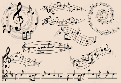 grungy music design elements with notes - vector set