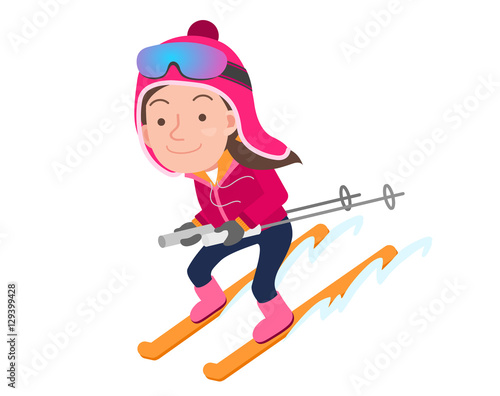 vector seasonal illustration of a girl who enjoys skiing in winter