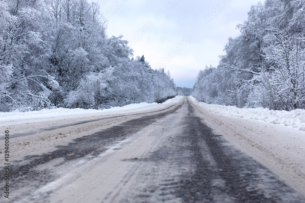 Fototapeta premium landscape Road in the winter forest with snow covered