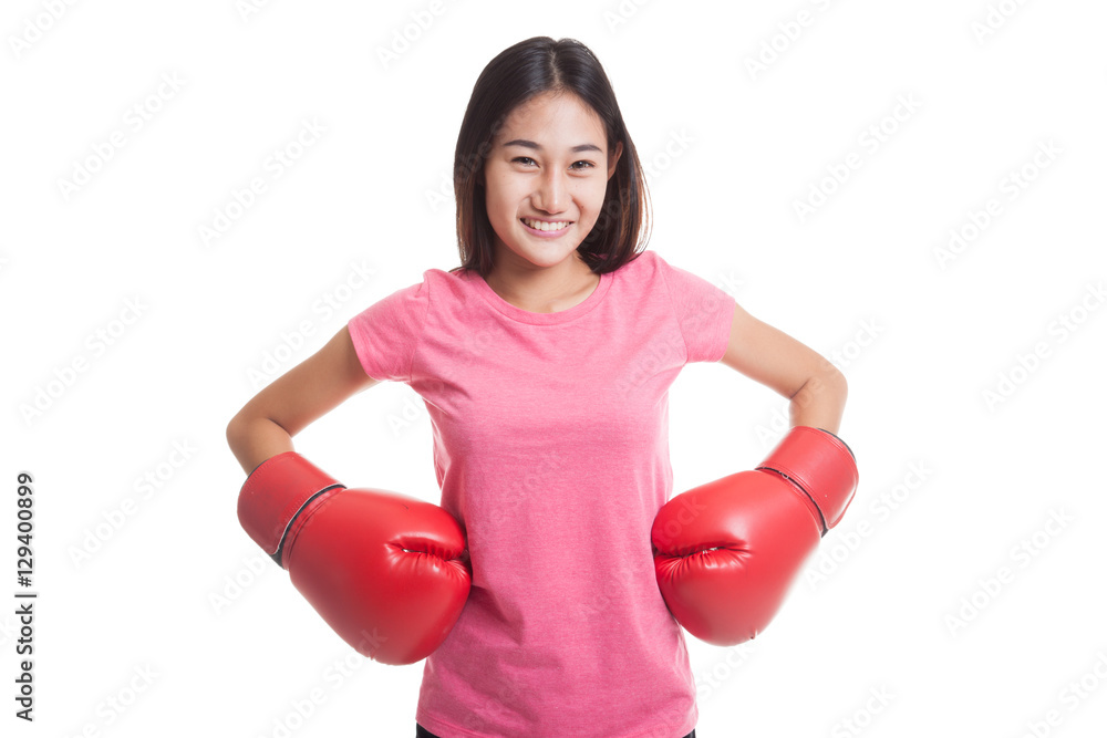 Young Asian woman with red boxing gloves.
