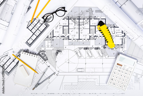 Construction plans with drawing Tools and Calculatore on bluepri