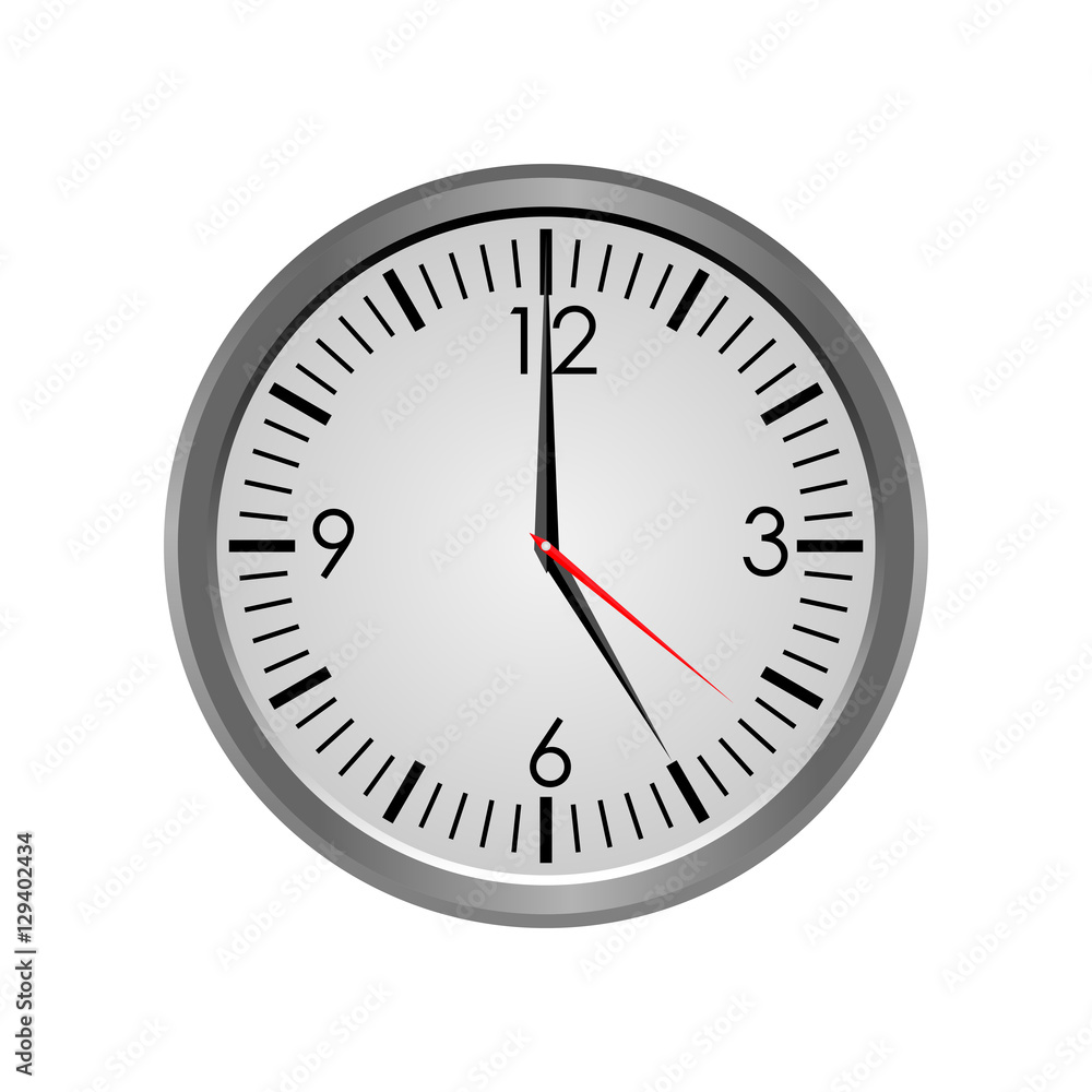 Round office clock showing five o'clock isolated on white background. Vector illustration Round office clock showing five o'clock isolated on white background. Vector illustration