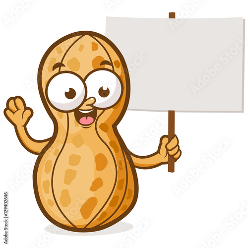 Cartoon peanut holding a blank sign. Vector illustration