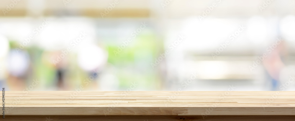 Wood table top on blur kitchen window background, panoramic banner - obrazy, fototapety, plakaty 