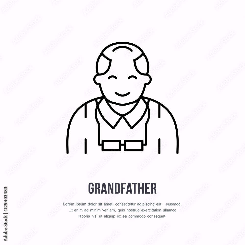 Vector line icon of happy old person. Nursing home sign, linear logo. Outline symbol of grandfather, elderly care. Design element for sites, senior hospital.