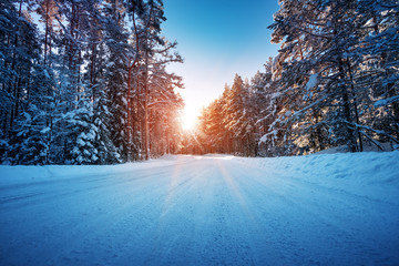Asphalt road in snowy winter on beautiful frosty sunny day