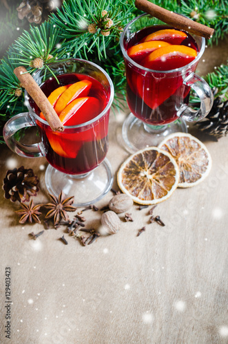 Christmas Mulled Wine and Spices. Drawn Snow Falling Effect.