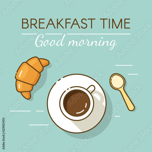 Coffee cup and croissant in outline flat style. Concept for breakfast menu, cafe, restaurant.
