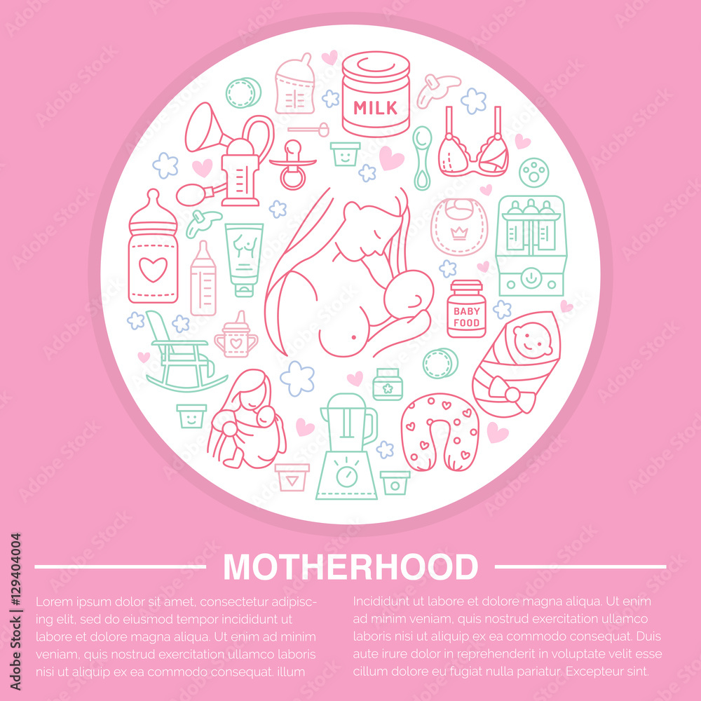 Obraz premium Motherhood poster template. Vector line illustration of breastfeeding, infant food. Nursery element- breast pump, powdered milk, bottle sterilizer, baby formula. Maternity banner design