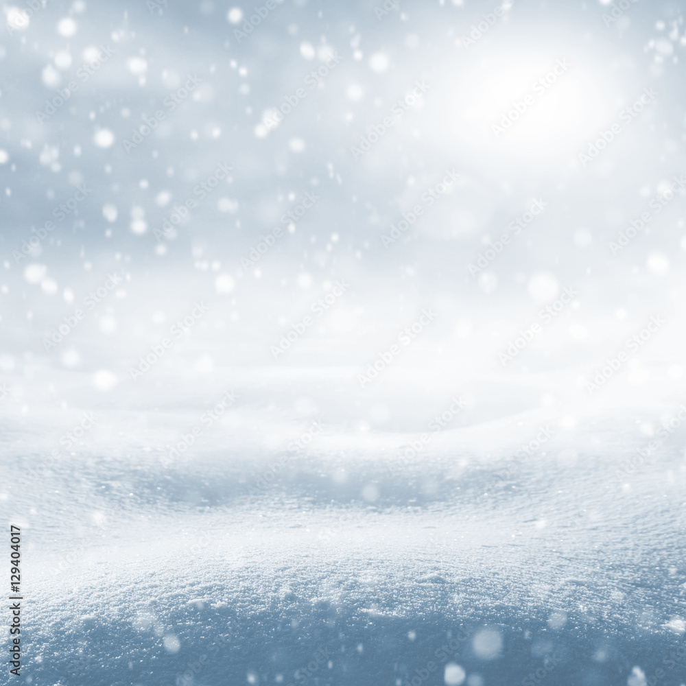 Obraz premium Winter background. Winter bright landscape with snowdrifts and falling snow.
