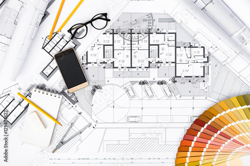 Construction plans with Drawing Tools, Colors Palette and Smart