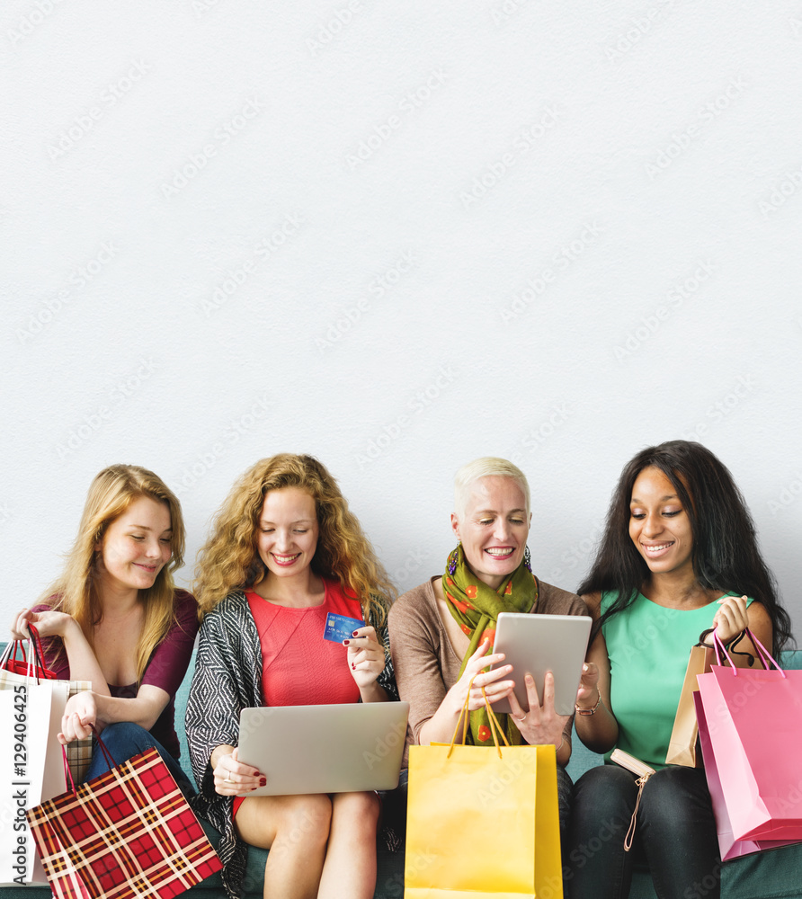 Girls Friendship Togetherness Online Shopping Concept Girls Friendship Togetherness Online Shopping Concept