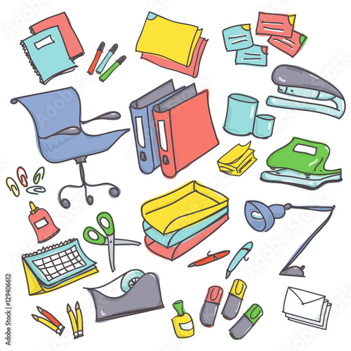 Colorful set of office items, isolated on white background. Vector cartoon of business supplies.