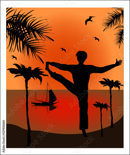 Silhouette of man in yoga pose against a background of a sea lan