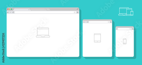 Set of Flat blank browser windows for different devices. Vector. Computer, tablet, phone sizes. Device Icons: smart phone, tablet and desktop computer. Vector illustration of responsive web design.