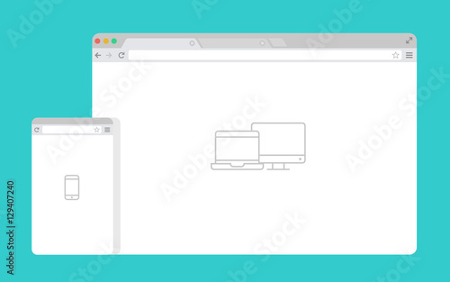 Set of Flat blank browser windows for different devices. Vector. Computer, phone sizes. Device Icons: smart phone and desktop computer. Vector illustration of responsive web design.