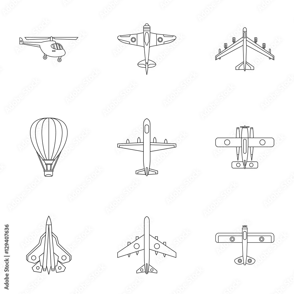 Aircraft icons set. Outline illustration of 9 aircraft vector icons for web
