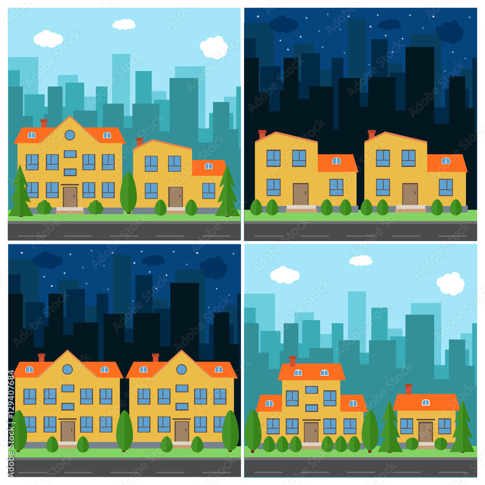 Set of vector day and night city with cartoon houses and buildings. City space with road on flat style background concept. Summer urban landscape. Street view with cityscape on a background
