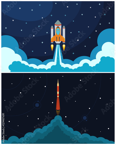 Set of space rocket launch. Vector illustration with flying rocket. Space travel. Project development. Creative idea.

