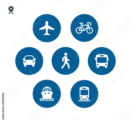 Transport icons. Walk man, Bike, Airplane, Public bus, Train, Ship/Ferry and auto signs. Shipping delivery symbol. Air mail delivery sign. Vector
